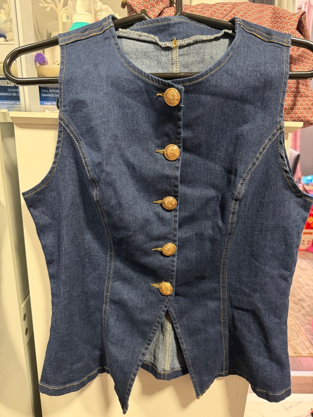 Denim Button-Front Vest with Gold Buttons